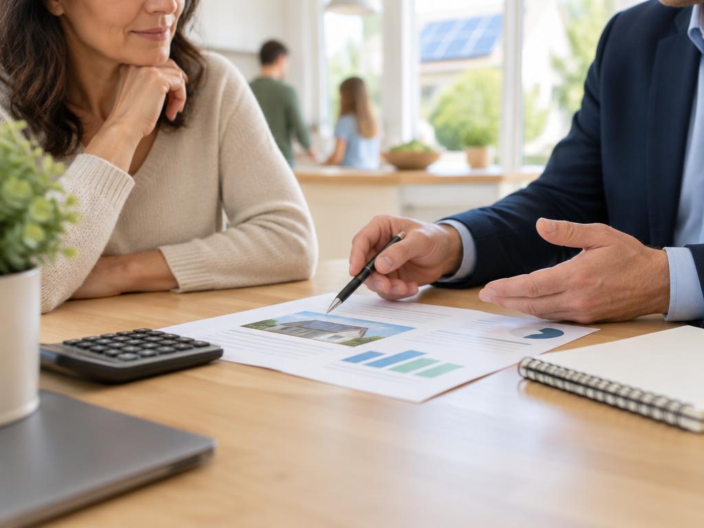 A homeowner and adviser reviewing solar financing paperwork
