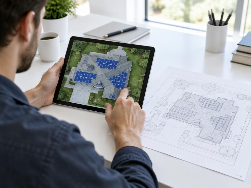 A designer reviewing a custom rooftop solar layout